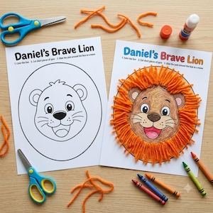 Può includere: Due fogli di attività bianchi intitolati Daniel's Brave Lion con il contorno di un muso di leone, uno vuoto e uno colorato con una criniera di lana arancione. Include forbici blu, ritagli di lana arancione, una colla stick e quattro pastelli.