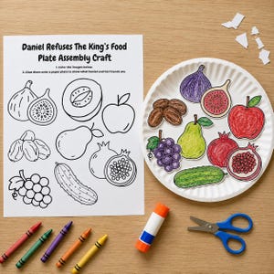 May include: A Daniel Refuses The King's Food Plate Assembly Craft activity sheet with black and white fruit illustrations, a white paper plate with colored fruit cutouts, a glue stick, five crayons, and blue-handled scissors.
