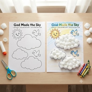May include: Two educational craft activity sheets titled God Made the Sky. One sheet is a black and white outline for coloring, while the other is completed with colored sun and birds, and white cotton balls glued inside the cloud outlines.