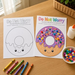 Do Not Worry Donut Sensory Craft, Printable Bible Craft for Kids, Matthew 6:34 Sunday School Activity, Fun Food Texture Craft Page