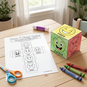 Può includere: Un modello cartaceo How I Feel Cube con illustrazioni di emozioni in bianco e nero e un cubo completato e colorato con facce Happy gialla, Excited verde e Angry rossa. Include una colla stick, forbici e tre pastelli su un tavolo di legno.