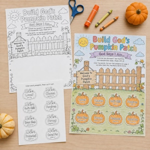 May include: A set of Build God's Pumpkin Patch activity sheets featuring a colouring page with a fence, a sun, and a sign, plus a sheet of cut-out pumpkin shapes with text like Loved, Chosen, and Forgiven, alongside scissors, crayons, and pumpkins.