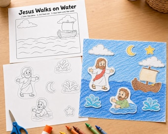 May include: A craft activity set titled Jesus Walks on Water featuring a colouring page, a sheet of cut-out figures including Jesus and a boat, and a completed scene with coloured paper cut-outs of Jesus, a boat, clouds, and stars.