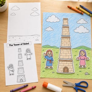 Pode incluir: Um conjunto de atividades manuais da Torre de Babel com uma folha impressa com recortes de uma torre de pedra de cinco níveis e duas figuras, ao lado de uma versão colorida da torre num cenário verde com céu azul e nuvens brancas.