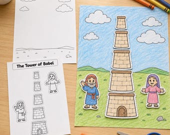 Puede incluir: Un set de manualidades de la Torre de Babel que incluye una hoja impresa con figuras recortables de una torre de piedra de cinco niveles y dos personajes, junto a una versión coloreada de la torre sobre un paisaje verde y cielo azul.
