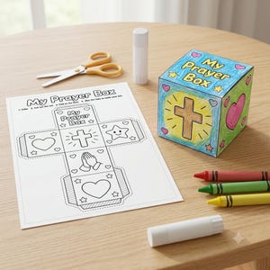 May include: A paper craft kit for a My Prayer Box, including a printed template sheet with outlines of a cross, hearts, and praying hands, a fully assembled colorful cube box, yellow-handled scissors, a glue stick, and three crayons.