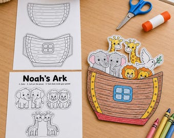 May include: A Noah's Ark paper craft kit featuring two printed activity sheets with black and white outlines of animals and a boat, and one assembled, colored paper ark with cutouts of two elephants, two giraffes, two lions, and a white dove.