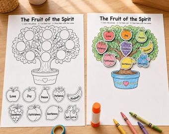 Può includere: Due fogli di carta intitolati The Fruit of the Spirit. Un foglio è un contorno in bianco e nero di un albero in un vaso con forme di frutta da ritagliare. L'altro foglio mostra l'albero colorato con ritagli di frutta etichettati Love, Joy, Peace, Patience, Goodness, Faithfulness, Gentleness, Kindness e Self-Control.