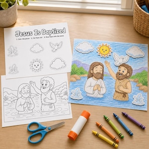 May include: A Jesus Is Baptized craft kit featuring two black and white activity sheets with cut-out shapes, a coloured scene of a baptism, blue scissors, a white glue stick, and five crayons in yellow, orange, green, blue, and purple.
