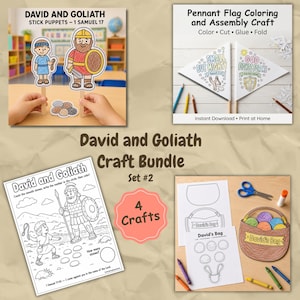 May include: A David and Goliath craft bundle featuring stick puppets, pennant flags with text Small But Mighty and God Fights For Me, a coloring sheet with the text David and Goliath, and a David's Bag craft with colored stones and a sling.