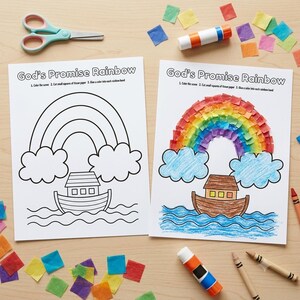 May include: Two white activity sheets titled God's Promise Rainbow featuring a black and white line drawing of a rainbow, clouds, and a boat. One sheet is blank, and the other is filled with colored tissue paper squares and crayon markings.