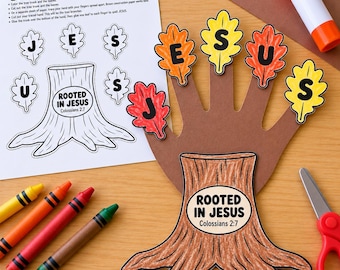 Può includere: Un progetto di bricolage in carta con una sagoma marrone a forma di mano che funge da albero e una base del tronco colorata con l'etichetta Rooted in Jesus Colossians 2:7. Cinque foglie di carta arancioni e gialle con le lettere J, E, S, U, S.