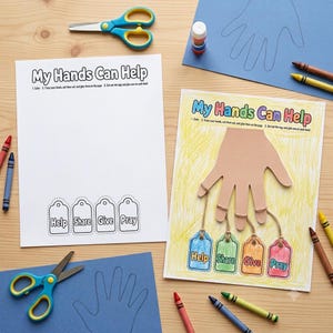 May include: Two activity sheets titled My Hands Can Help, one blank with cut-out tags and one completed with a tan paper hand cutout, twine, and coloured tags. Includes blue construction paper, scissors, and crayons for a craft project.