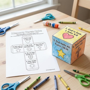 May include: A paper craft activity sheet titled Memory Verse Cube with a cross-shaped template and a completed, hand-coloured cube. The cube features text including God is love, God made me, and Jesus loves me, alongside drawings of a heart, star, and cross.
