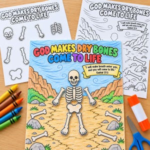 Op de afbeelding: Een knutselset met een centrale gekleurde illustratie van een skelet in een woestijn met de tekst God Makes Dry Bones Come To Life en Ezekiel 37:5, vergezeld door twee zwart-wit printvellen en diverse knutselbenodigdheden.