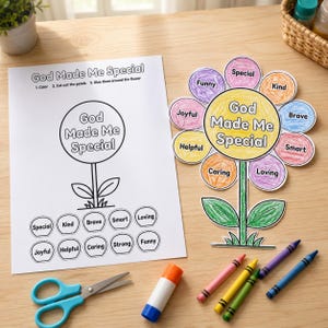 Puede incluir: Una hoja de actividades de papel blanco con el texto God Made Me Special y el contorno de una flor, junto a una manualidad de flor de papel con pétalos coloridos etiquetados como Funny, Special, Kind, Brave, Smart, Loving, Caring, Helpful y Joyful.