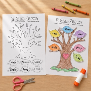Può includere: Due fogli di attività bianchi intitolati I Can Serve che mostrano il contorno di un albero con un cuore e ritagli di foglie etichettati Help, Share, Give, Smile, Pray e Love. Un foglio è vuoto, l'altro è colorato. Include pastelli, forbici e colla.
