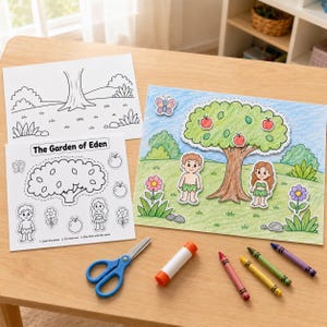 Puede incluir: Un kit de manualidades con una página para colorear del Jardín del Edén, una hoja de recortes con figuras, un árbol y manzanas, una escena coloreada, tijeras azules, una barra de pegamento y cuatro crayones. El texto dice The Garden of Eden, 1. Color the pieces 2. Cut them out 3. Glue them onto the scene.