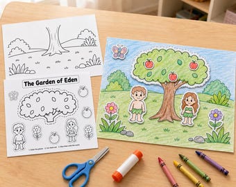 Könnte beinhalten: Ein Bastelset mit einer Ausmalvorlage zum Garten Eden, einem Ausschneidebogen mit Figuren, einem Baum und Äpfeln, einer fertig ausgemalten Szene, einer blauen Schere, einem Klebestift und vier Buntstiften. Der Text lautet The Garden of Eden, 1. Color the pieces 2. Cut them out 3. Glue them onto the scene.