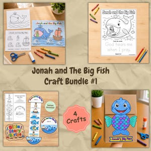 May include: A Jonah and the Big Fish craft bundle featuring four printable activities. Includes coloring pages with the text Jonah and the Big Fish and God hears me when I pray, paper cut-outs of whales, ships, and waves, and a fish paper bag puppet.