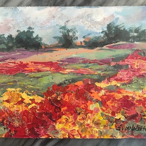 Red Poppies field Painting Original Oil Floral Painting 8 x 10&quot;