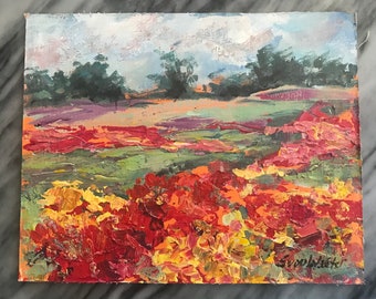 Red Poppies field Painting Original Oil Floral Painting 8 x 10"