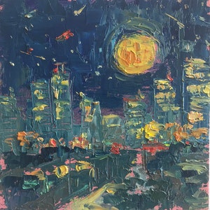 City Painting Night City,Full moon  Landscape Painting  ,original art,6 x 6’’