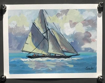 Sailboat Painting  , Dinghy Sailing ,Sails ,Regatta painting,original painting,gouache painting,original  Art ,6 x 8’’