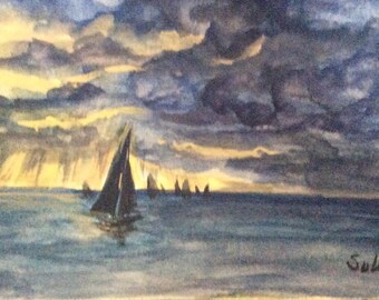 Sailboats Painting  , Sunset Sailing ,Regatta painting,original painting, Watercolour Art ,5 x 7”