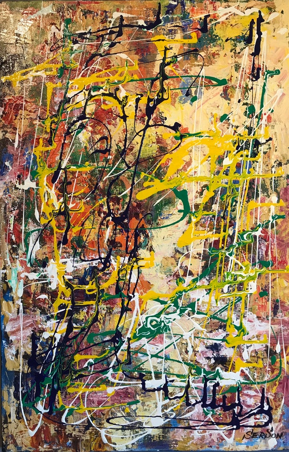 黄色の抽象画 オリジナル絵画 滴るオリジナル抽象画 36 x 24