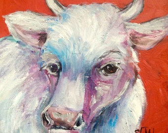 Cow Original  Painting ,white cow painting ,Farm animal  ,6 x 6’’