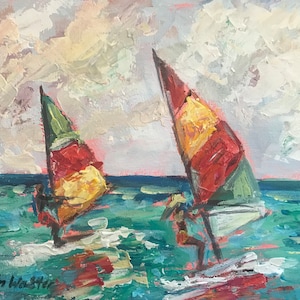 Windsurfing Painting Surfing Original Oil Figure Painting 8 x 10"