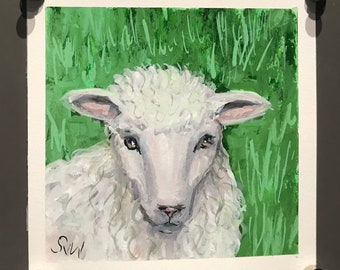 Peinture de moutons, peinture originale d’animaux de ferme, peinture à la gouache, 6 x 6 ''