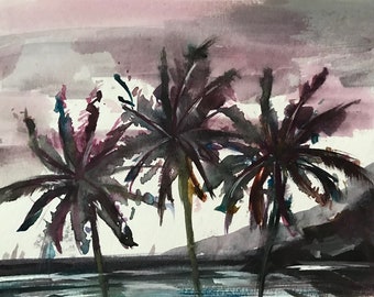 Palm Trees Tropical Landscape Painting  Original Watercolour Art 6 x 9’’