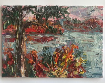 Krajobraz jeziora Jesienny krajobraz Malarstwo Oryginalny obraz olejny, 5 x 7’’
