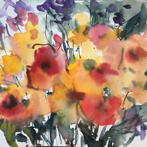 Poppies Original Abstract  Watercolour  Floral Painting 12 x 9”