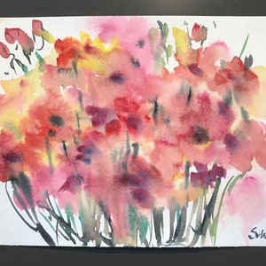Red Flowers Painting Original Abstract  Watercolour  Floral Painting 12 x 9”