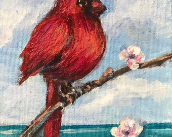 Red Cardinal Bird Original  Painting ,bird,painting ,5 x 7”,original art