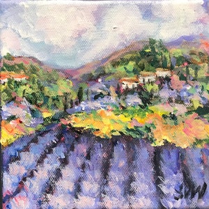 Campo de lavanda da Provença, pintura original da arte da paisagem da Provença 6 x 6 ”