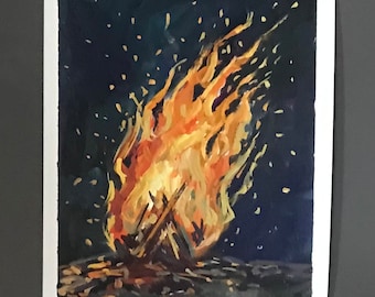 キャンプファイヤー 油彩画 F4 キャンプファイヤーの絵画、焚き火の絵画、abBeach のキャンプ