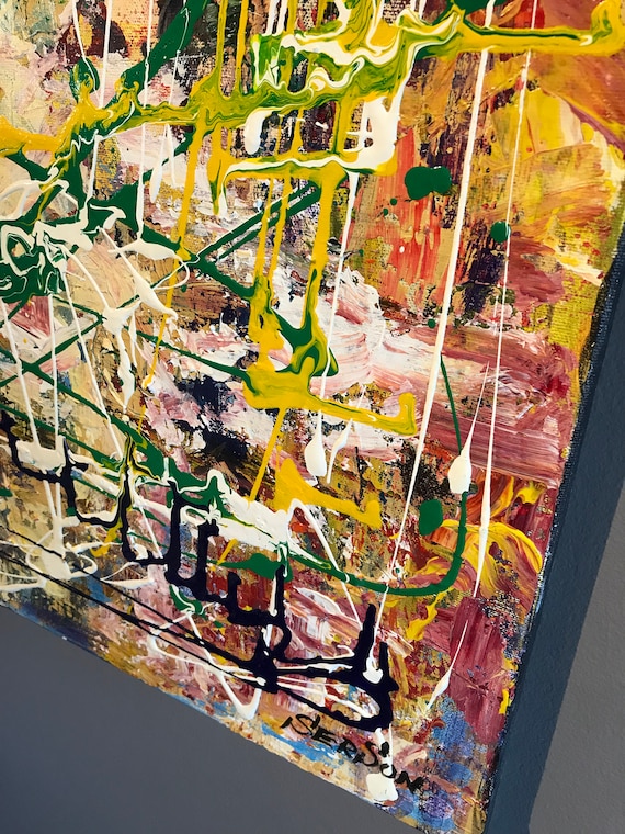 本店は オリジナル絵画 黄色の抽象画 滴るオリジナル抽象画 24 x 36 絵画