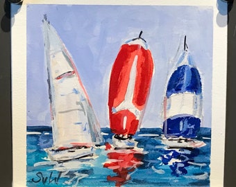 Regatta sailing painting ,sailboats painting, Gouache original painting,6 x 6’’