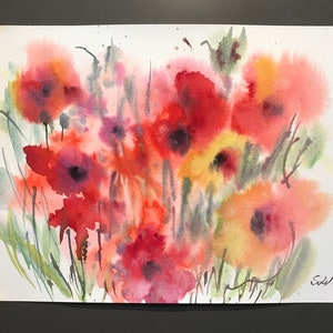 Flowers Painting Original Poppies Abstract  Watercolour  Floral Painting 12 x 9”