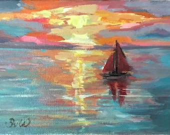 Sailboat Painting Sunset  Sailing Painting Original Art,5 x 7’’