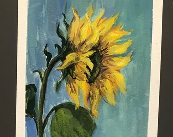 Peinture de tournesol, Floral original, Peinture à la gouache de tournesol, 5 x 7 »