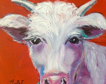 Cow Original  Painting ,white cow painting ,Farm animal  ,6 x 6’’