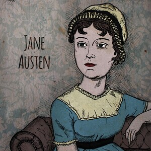 Può includere: Un'illustrazione disegnata a mano di Jane Austen, una famosa scrittrice inglese, che indossa un cappello giallo e un vestito blu. L'illustrazione è in stile vintage e ha uno sfondo testurizzato.