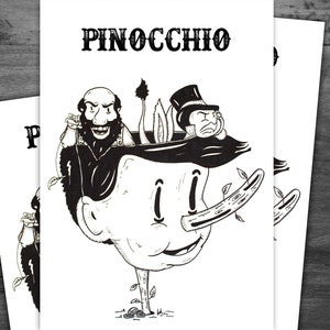 Cartel de Pinocchio - A4 - descarga instantánea - blanco y negro - tinta - ilustración