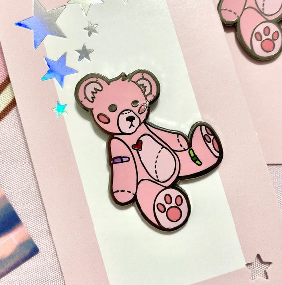 Kawaii Pink Teddy Bear Enamel Pin: Pastel Goth Accessories