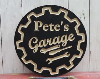 Personalized Garage Sign with Name Carved Wood Circle Sign